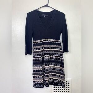 Nine West Black Striped V Neck‎ Ribbed Sweater Dress PM